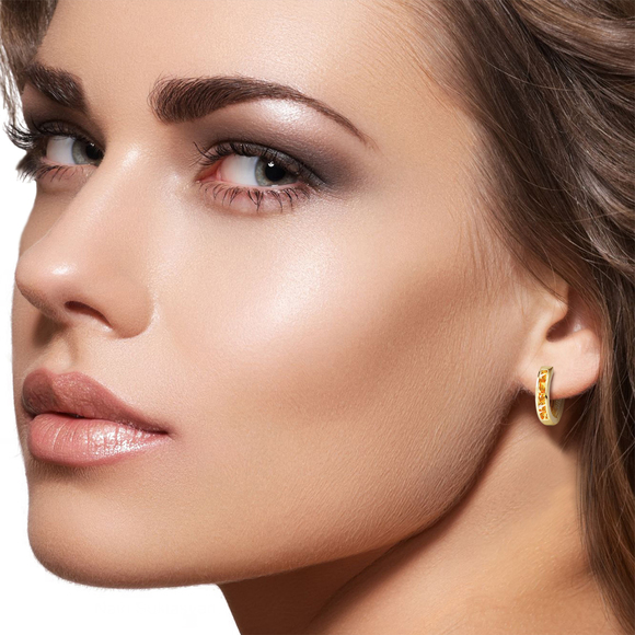 14K. SOLID GOLD OVAL HUGGIE EARRING WITH CITRINES (Yellow Gold) - Picture 3 of 3